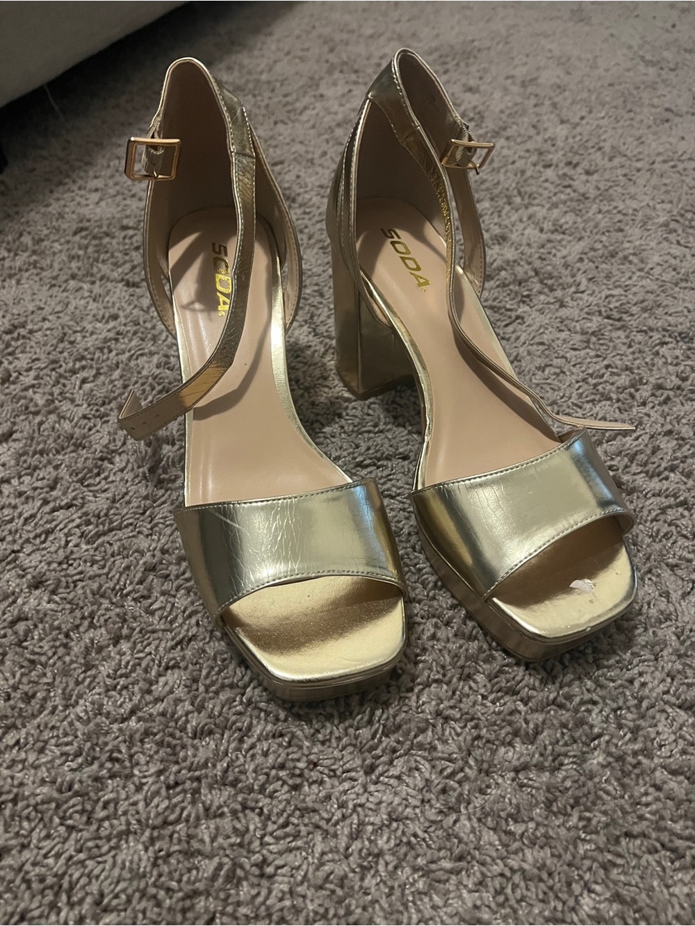 Soda Metallic Gold Block Heel Sandals